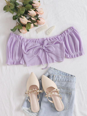 Knot Front Frill Trim Crop Bardot Top - takostyle