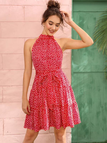 Tie Back Self Belted Ditsy Floral Halter Dress - takostyle
