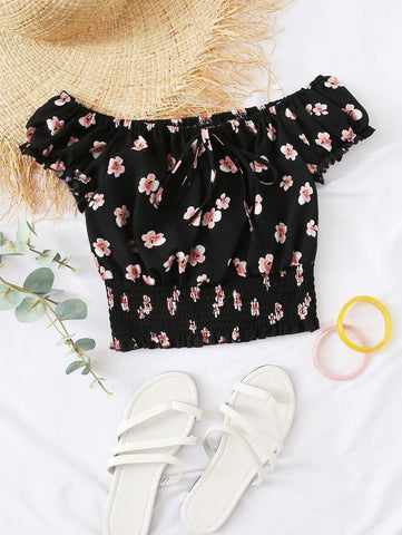 Floral Print Shirred Hem Bardot Top - takostyle