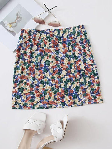 Allover Floral Print Split Hem Skirt - takostyle