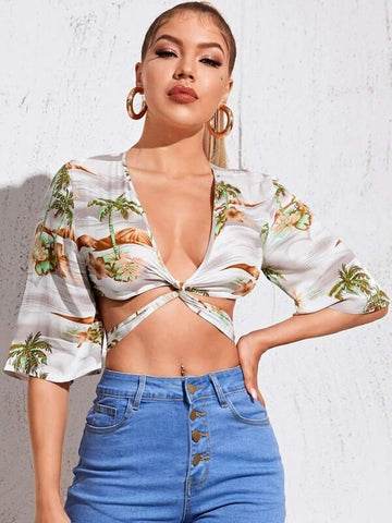 Tropical Print Self Tie Top - takostyle