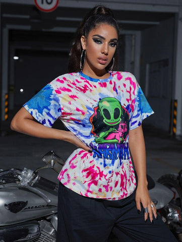Letter and Alien Print Tie Dye Top - takostyle