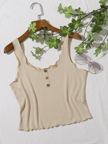 Button Front Lettuce Edge Rib-knit Top - takostyle