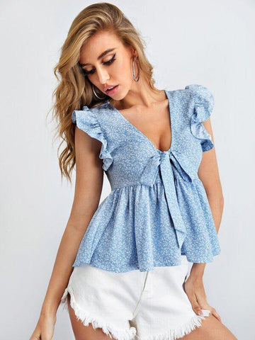 Tie Front Ruffle Trim Ditsy Floral Peplum Top - takostyle