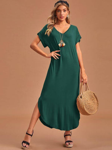 Batwing Sleeve Curved Hem Dress - takostyle