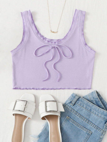 Knot Front Lettuce Trim Ribbed Tank Top - takostyle