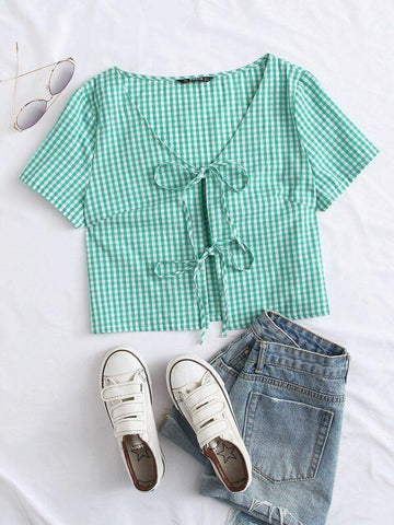 Tie Front Buffalo Plaid Top - takostyle