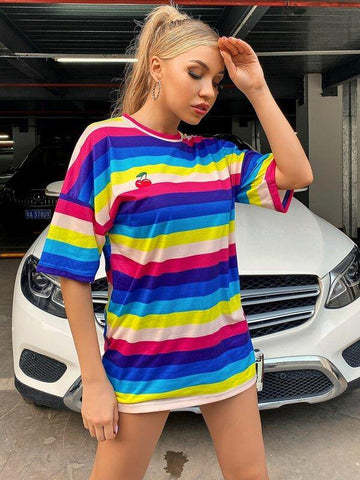 Drop Shoulder Colorful Stripe Tee - takostyle