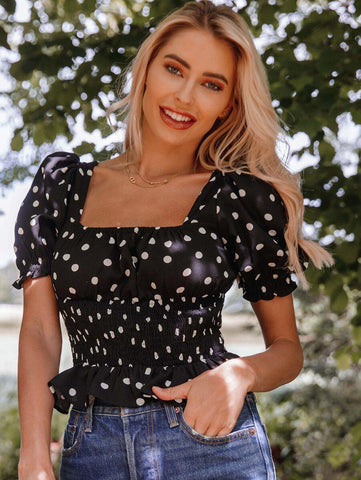 Puff Sleeve Shirred Panel Polka Dot Peplum Top - takostyle