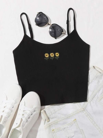 Sunflower Embroidered Rib-knit Crop Cami Top - takostyle