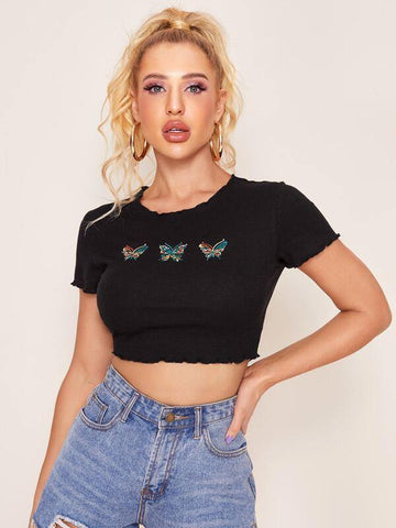 Lettuce Trim Embroidered Butterfly Crop Tee - takostyle