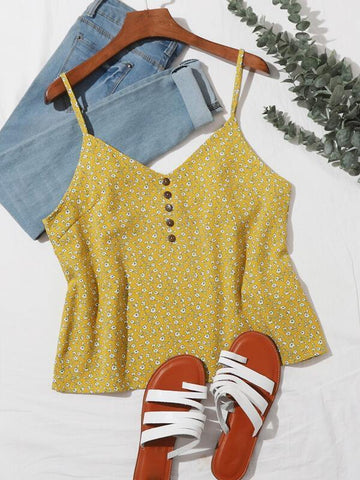 Button Front Ditsy Floral Cami Top - takostyle