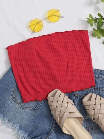 Frill Trim Rib-knit Bandeau Top - takostyle