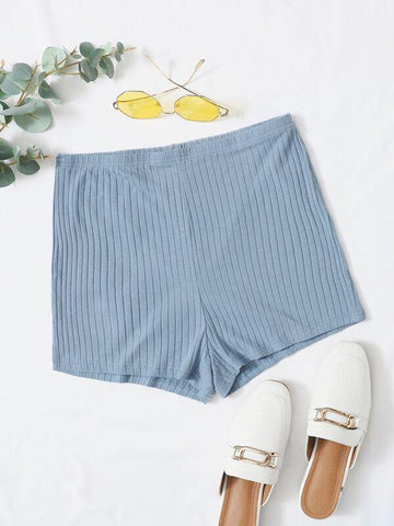 Elastic Waist Solid Rib-knit Shorts - takostyle