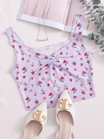 Ditsy Floral Ruched Detail Crop Tank Top - takostyle