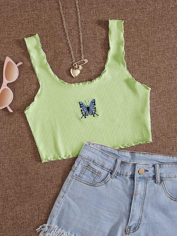 Butterfly Embroidered Rib-Knit Lettuce Trim Tank Top - takostyle