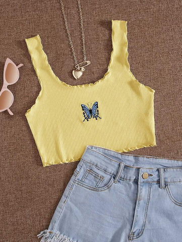 Butterfly Embroidered Rib-Knit Lettuce Trim Tank Top - takostyle