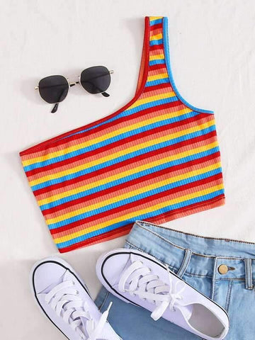 One Shoulder Rainbow Striped Crop Top - takostyle