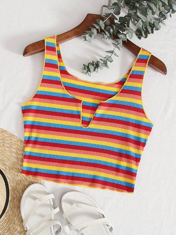 Notch Neck Rib-knit Rainbow Striped Tank Top - takostyle