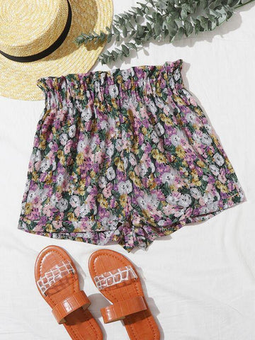 Paperbag Waist Floral Print Cuffed Shorts - takostyle