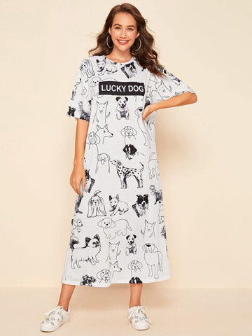 Drop Shoulder Dog &amp; Letter Graphic Dress - takostyle