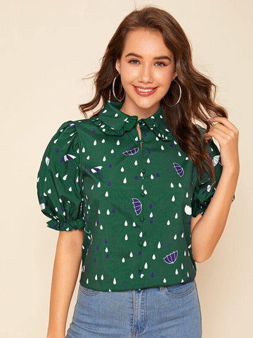 Peter Pan Collar Puff Sleeve Allover Print Top - takostyle