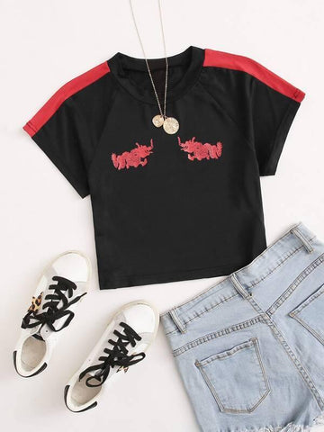 Contrast Sideseam Symmetrical Dragon Tee - takostyle
