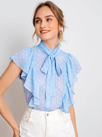 Tie Neck Ruffle Armhole Swiss Dot Semi Sheer Blouse - takostyle