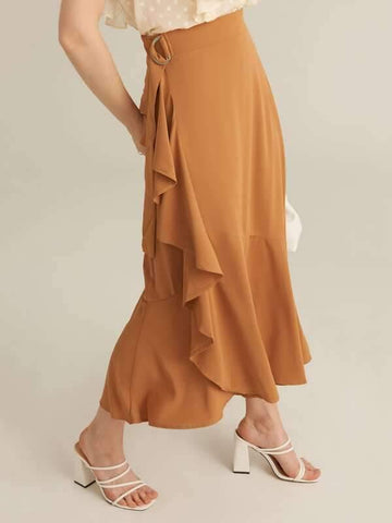 Premium Wrap Ruffle Detail D-ring Belted Skirt - takostyle
