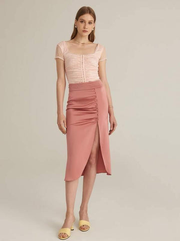 Premium Ruched Waistband Buttoned Front Split Thigh Skirt - takostyle