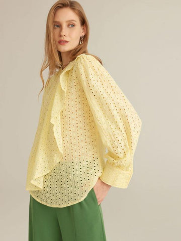 Premium Lantern Sleeve Ruffle Trim Schiffy Top - takostyle