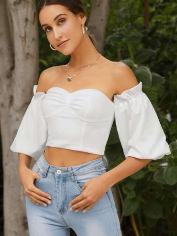 Off Shoulder Exposed Zipper Back Crop Top - takostyle