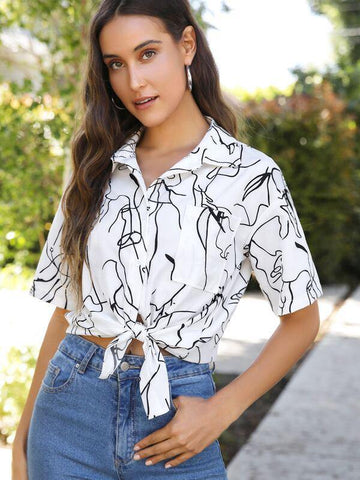 Collared Pocket Front Knot Hem Allover Print Blouse - takostyle