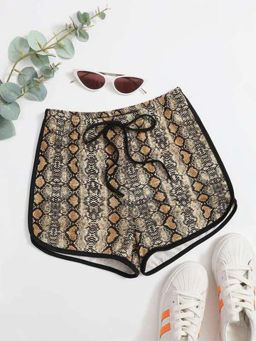 Knot Waist Contrast Binding Snakeskin Pattern Dolphin Shorts - takostyle