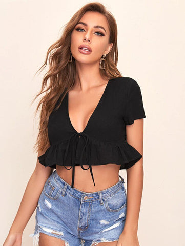 Tie Front Ruffle Hem Crop Top - takostyle