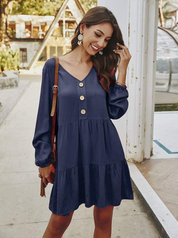 Half Button Ruffle Hem Smock Dress