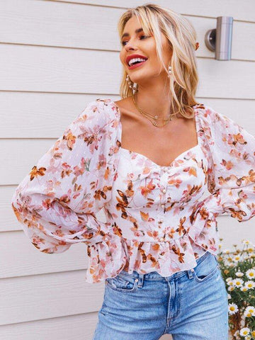 Sweetheart Neck Button Front Ruffle Hem Top - takostyle