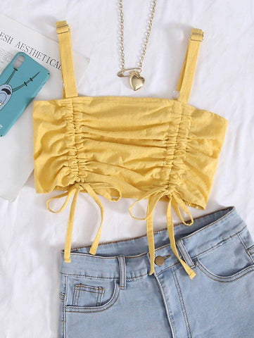 Drawstring Ruched Shirred Crop Cami Top - takostyle