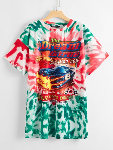 Slogan and Car Print Drop Shoulder Tie Dye Tee Dress