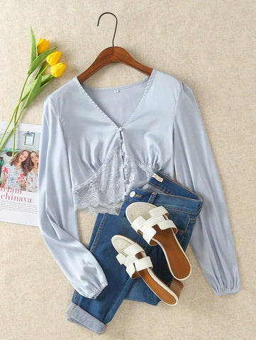 Contrast Lace Button Up Crop Blouse - takostyle