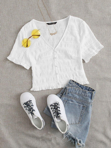 Frill Trim Shirred Blouse - takostyle