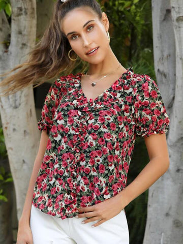 Allover Floral Print Ruffle Trim Top - takostyle