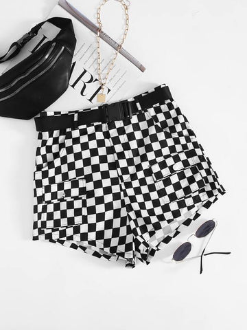 Push Buckle Belted Flap Pocket Front Checkered Shorts - takostyle