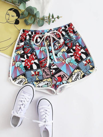 Pop Art Print Tie Front Dolphin Shorts - takostyle