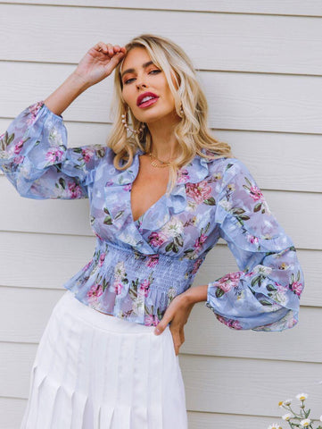 Surplice Neck Shirred Panel Ruffle Trim Floral Top - takostyle
