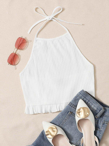 Frill Hem Rib-knit Halter Top - takostyle
