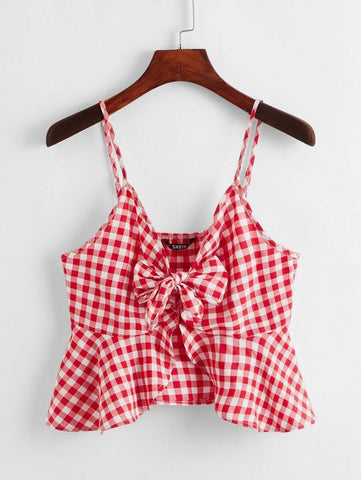 Tie Front Ruffle Hem Gingham Cami Top - takostyle