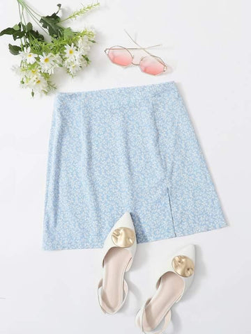 Split Hem Ditsy Floral Skirt - takostyle