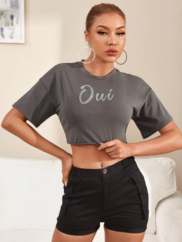 Drop Shoulder Rhinestone Letter Crop Tee - takostyle