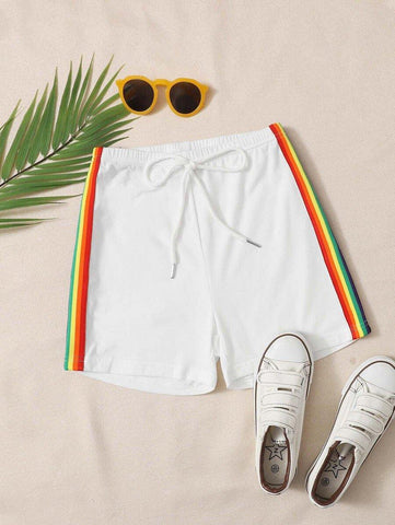 Knot Waist Rainbow Striped Tape Side Shorts - takostyle